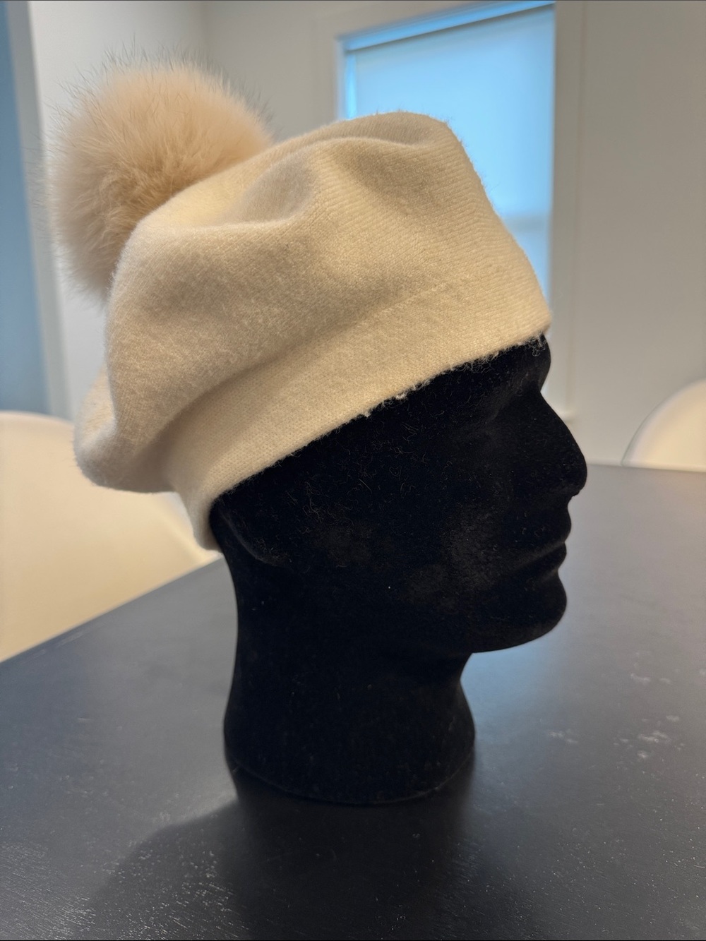 Cream Wool Beret with Pom-Pom